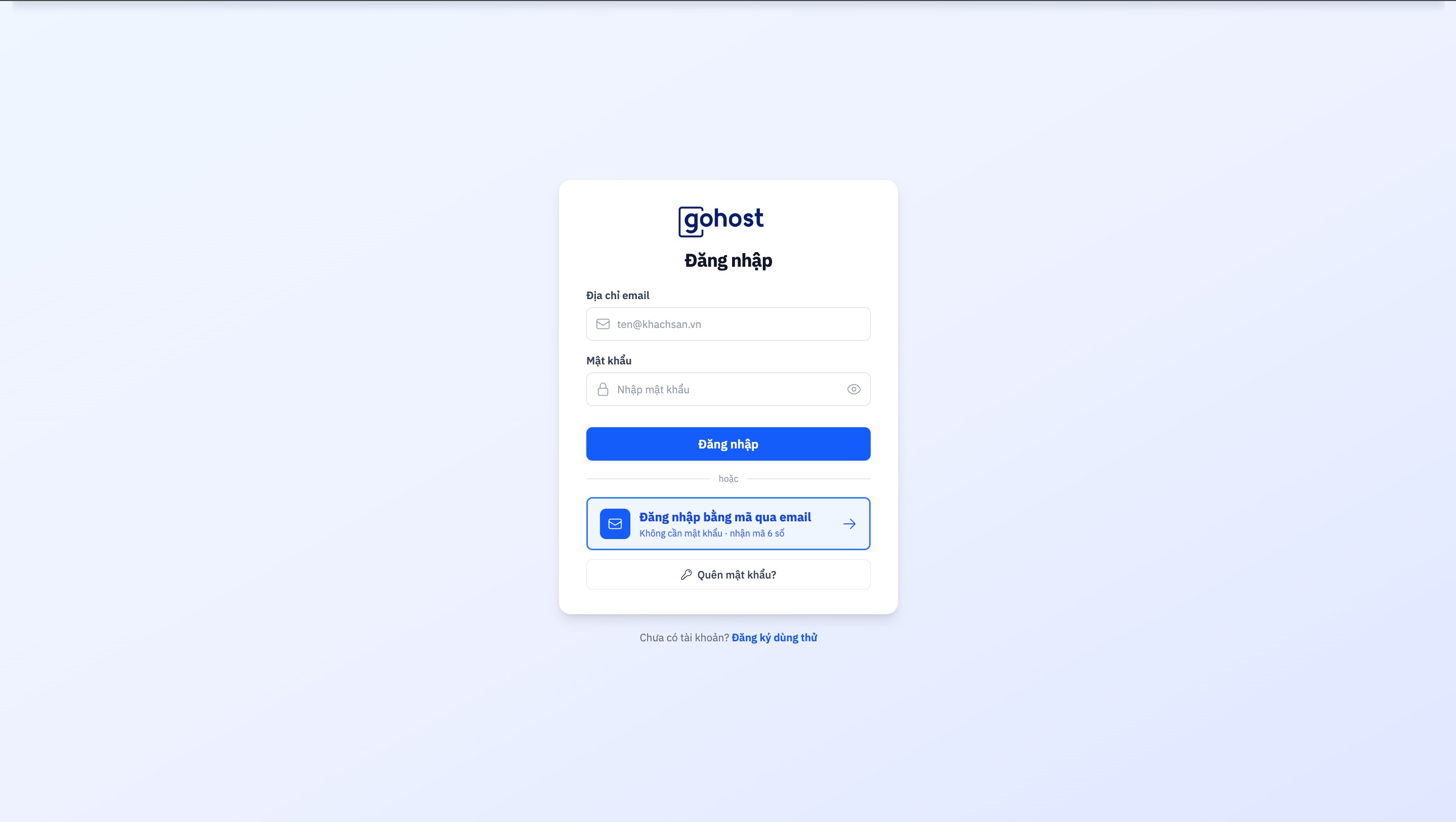 Trang Đăng nhập với ô email, mật khẩu và nút Đăng nhập bằng mã qua email