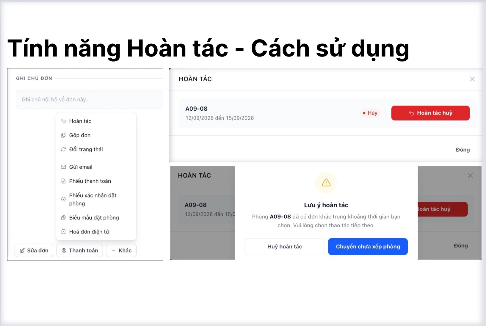Menu Khác có mục Hoàn tác, hộp Hoàn tác với nút Hoàn tác huỷ và cảnh báo khi phòng đã có đơn khác
