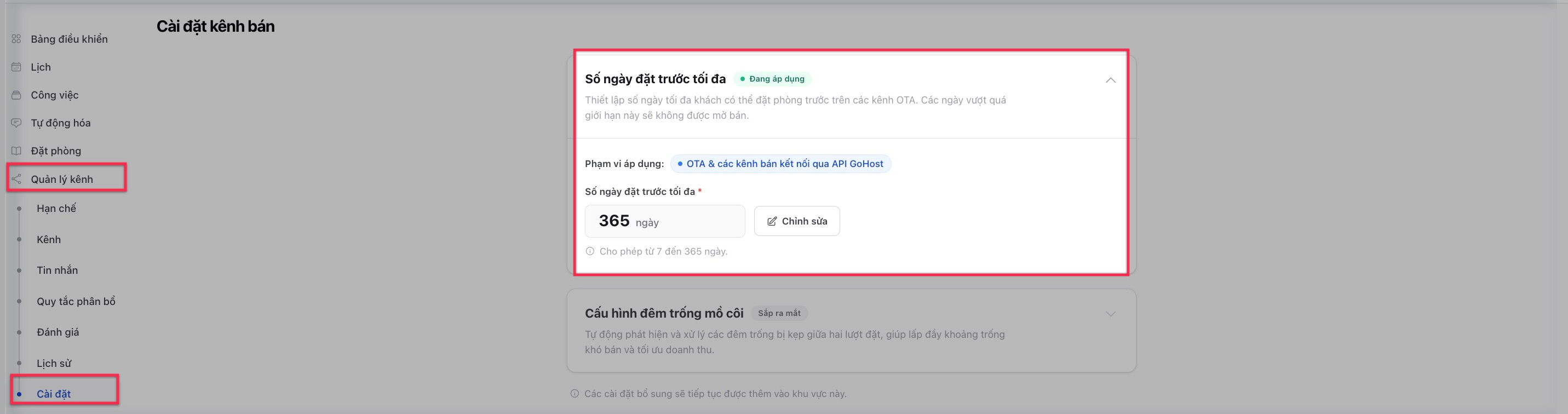 Trang Cài đặt kênh bán với mục Số ngày đặt trước tối đa